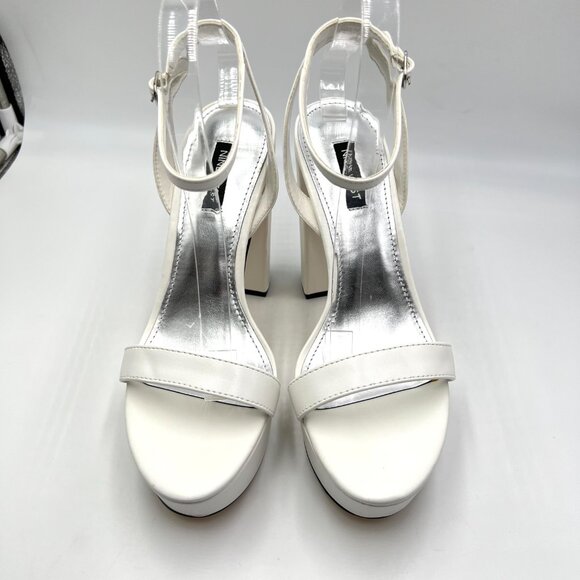 Nine‎ West Size 8.5 Uknow White Faux Vegan Leather Platform Sandals Heels Shoes - Picture 2 of 16